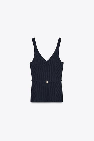 RIB KNIT TOP WITH BELT - Navy blue by Zara