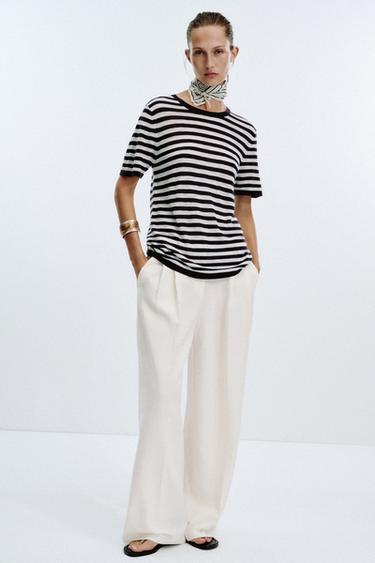 STRIPED KNIT SHORT SLEEVE TOP - Navy / White by Zara