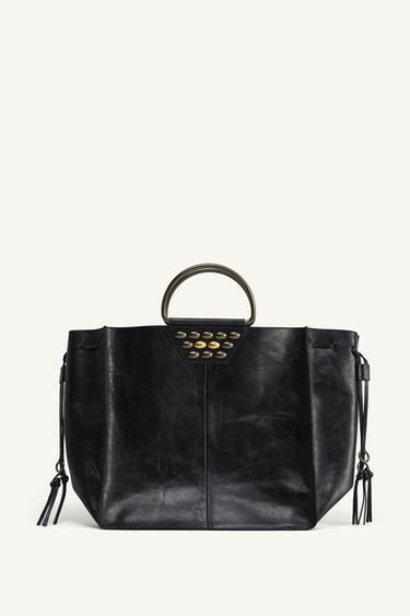 LIMITED EDITION LEATHER STUDDED CITY BAG - Black by Zara