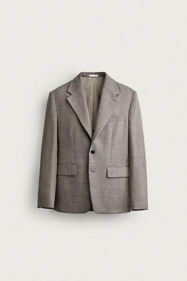 REGULAR FIT WOOL BLEND SUIT BLAZER - Grey / Beige by Zara