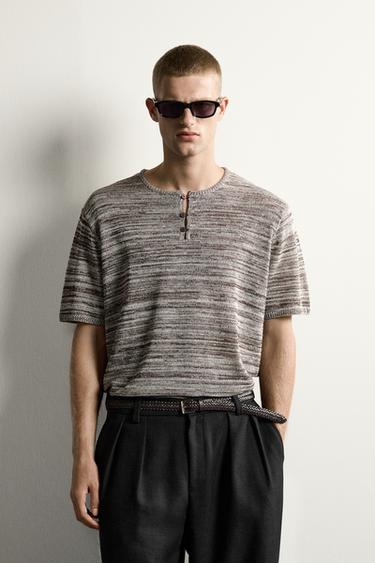KNIT HENLEY T-SHIRT - Brown / Ecru by Zara