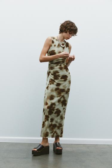 PRINTED MIDI DRESS WITH DRAPED DETAIL - Greens by Zara - Image 0