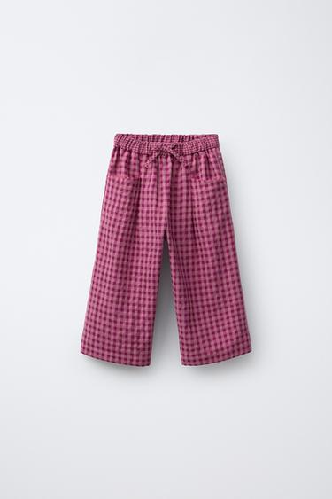 GINGHAM CHECK STRAIGHT LEG TROUSERS - Fuchsia by Zara