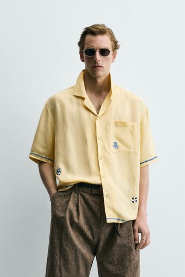 CONTRAST EMBROIDERED VISCOSE/LINEN SHIRT - Pastel yellow by Zara