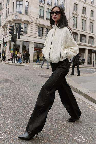 CONTRASTING TRIM BOMBER JACKET - Ecru by Zara