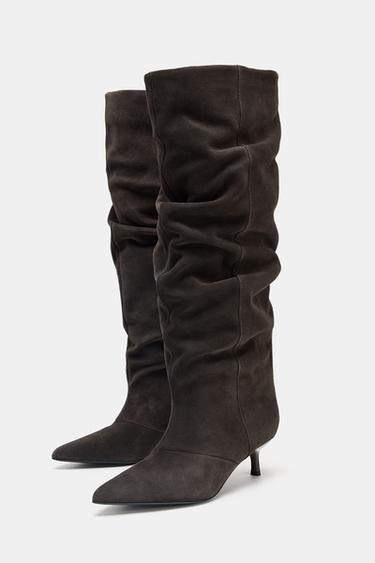 SPLIT SUEDE KITTEN HEEL BOOTS - Brown by Zara