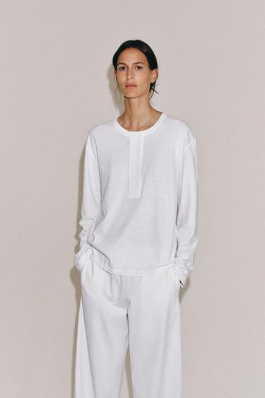 HENLEY T-SHIRT WITH LINEN BLEND - White by Zara