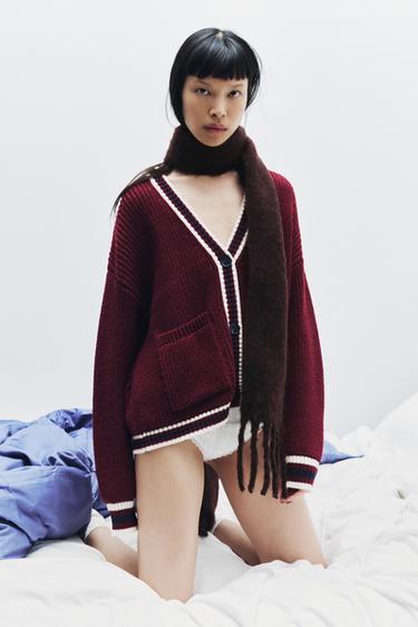 KNIT CARDIGAN WITH TRIM - Burgundy by Zara - Image 0