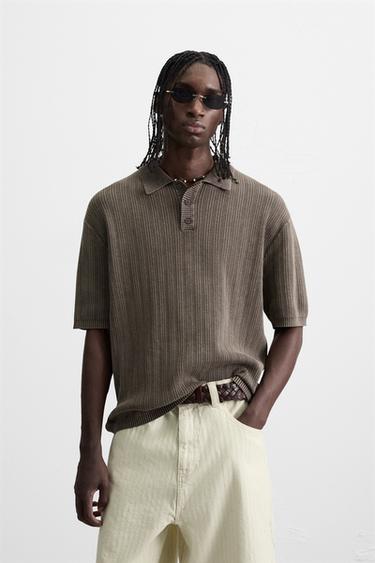 WASHED TEXTURED KNIT POLO SHIRT - Chocolate by Zara