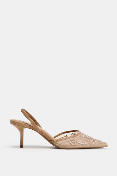 SLINGBACK SHOES WITH EMBROIDERED MESH - Brown by Zara