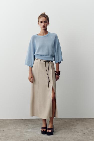LINEN BLEND MIDI SKIRT WITH BELT - Sand by Zara