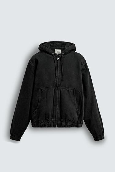 DENIM JACKET WITH FAUX SHEARLING HOODIE - Charcoal by Zara