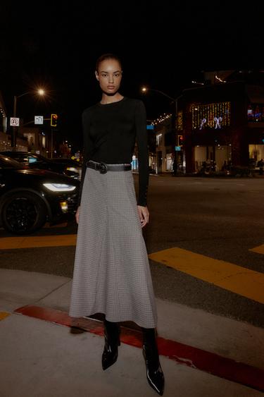 CHECKED MIDI SKIRT WITH BELT - Ecru / Blue by Zara