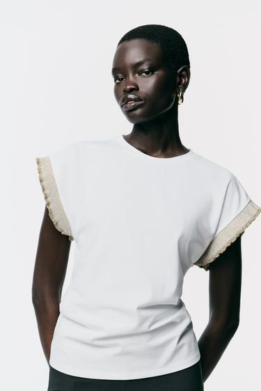 METALLIC THREAD RUFFLE T-SHIRT - White by Zara