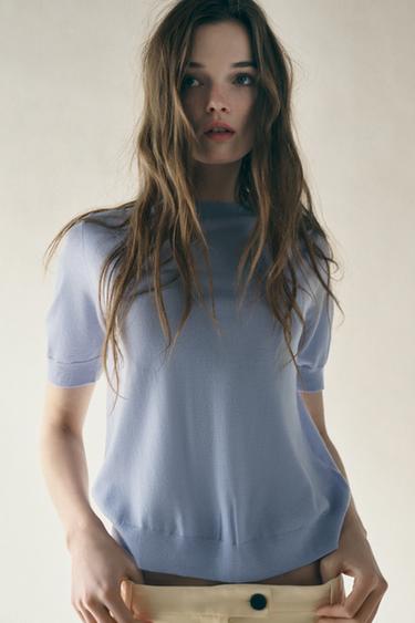 FINE KNIT SHORT SLEEVE WOOL TOP - Light blue by Zara - Image 0