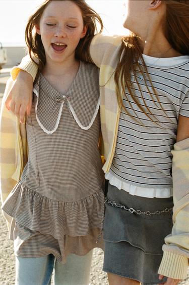 CHECK DRESS WITH RUFFLES AND LACE TRIM - White / Grey by Zara