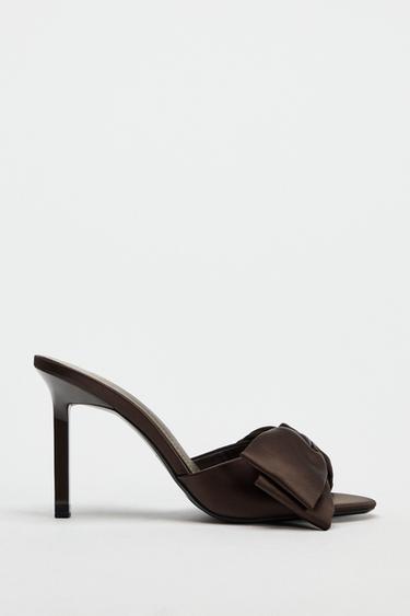 SATIN-EFFECT HIGH-HEELED MULE SANDALS WITH MAXI BOW - Brown by Zara