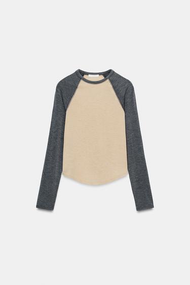 CONTRAST RAGLAN SLEEVE T-SHIRT - Grey / Natural by Zara
