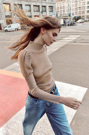 SEMI-SHEER PUFF SLEEVE KNIT TOP - Pale pink by Zara