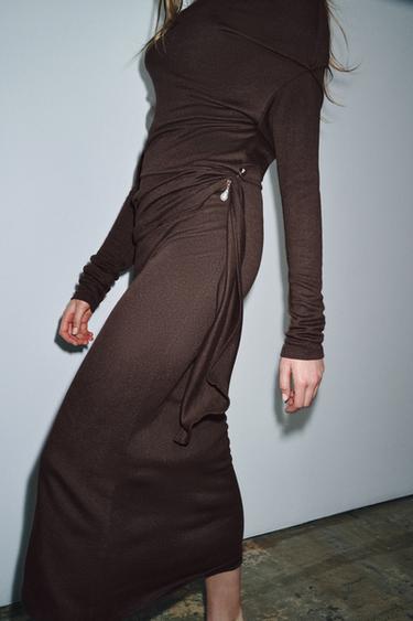 SOFT DRESS WITH BROOCH - Brown by Zara