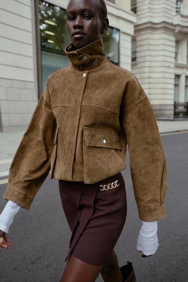 100% LEATHER BOMBER JACKET - Khaki by Zara