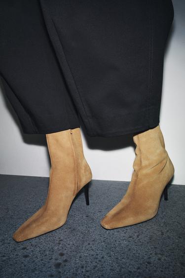SPLIT SUEDE STILETTO HEEL ANKLE BOOTS - Beige by Zara