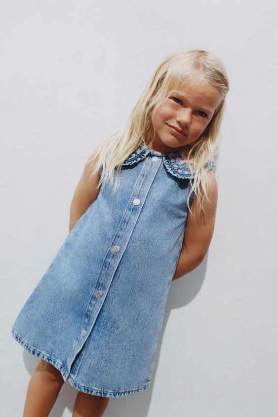 DENIM DRESS WITH EMBROIDERED COLLAR - Blue by Zara - Image 0