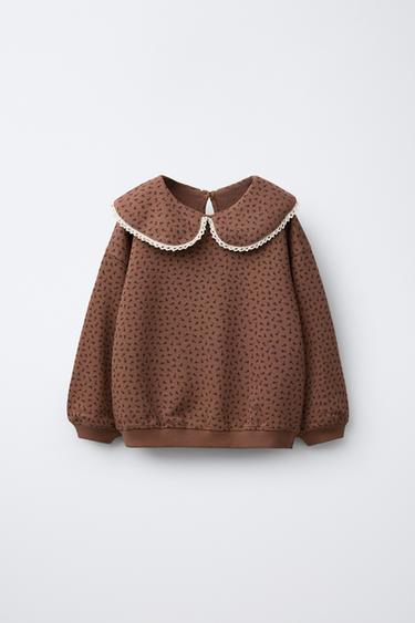 PRINTED SWEATSHIRT WITH LACE PETER PAN COLLAR - Chocolate by Zara