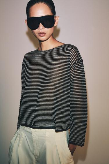 FINE KNIT STRIPED LINEN BLEND JUMPER - Black / Ecru by Zara