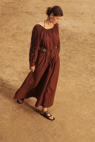 LIMITED EDITION EMBROIDERED POPLIN DRESS - Burgundy by Zara - Image 0