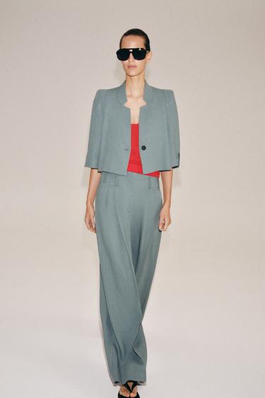 ZW COLLECTION LINEN BLEND CROPPED BLAZER - Blue / Grey by Zara