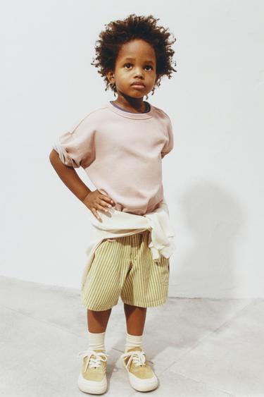 STRIPED COTTON LINEN BERMUDA SHORTS - Ecru / Green by Zara