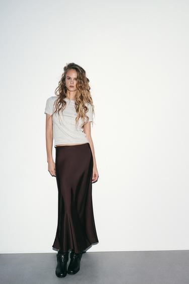 SATIN MIDI SKIRT - Dark aubergine by Zara