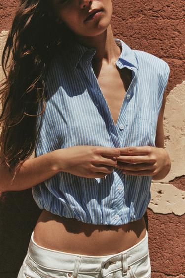 STRIPED SHIRT WITH SHOULDER PADS - Blue/White by Zara