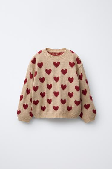 HEART KNIT SWEATER - Ecru / Red by Zara