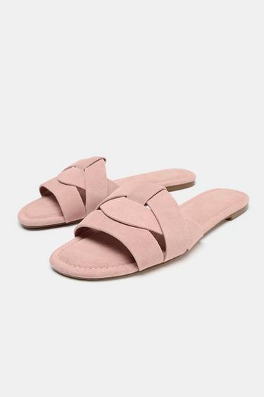 FLAT LEATHER CROSS-STRAP SANDALS - Pink by Zara