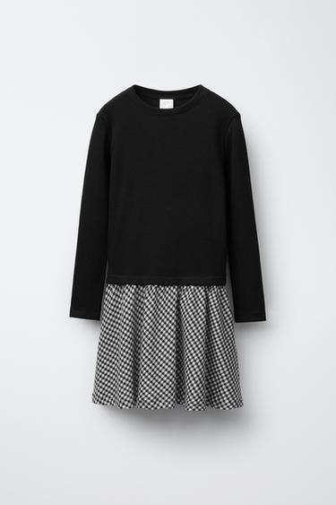 RIBBED COMBINATION DRESS WITH CHECK SKIRT - Ecru / Black by Zara