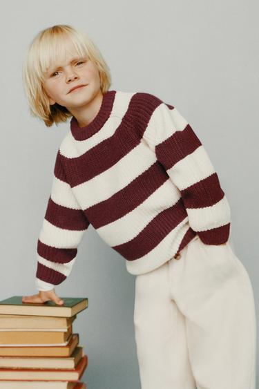 STRIPED WOOL BLEND KNIT SWEATER - Ecru / Maroon by Zara