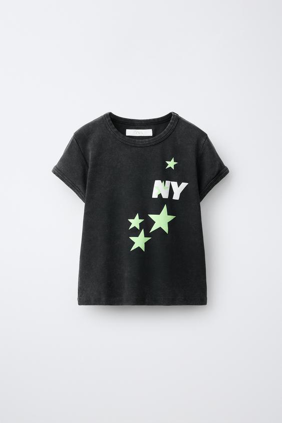 ACID WASH STAR AND TEXT PRINT T-SHIRT - Anthracite grey by Zara - Image 0