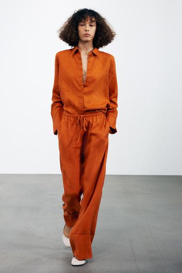 ZW COLLECTION 100% LINEN PALAZZO TROUSERS - Dark orange by Zara
