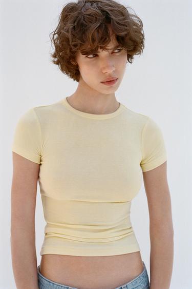 SHORT SLEEVE VISCOSE T-SHIRT - Yellow by Zara