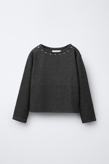 RIBBED STUD T-SHIRT - Grey marl by Zara - Image 0