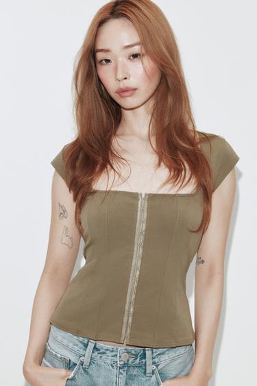 STRETCH CORSETRY-INSPIRED TOP - Dark khaki by Zara