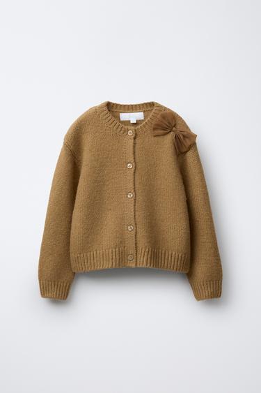 KNIT CARDIGAN WITH ORGANZA BOW - Caramel by Zara