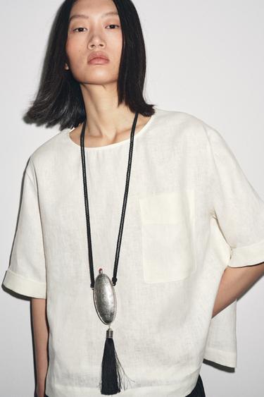 ZW COLLECTION LINEN SHORT SLEEVE TOP - Ecru by Zara