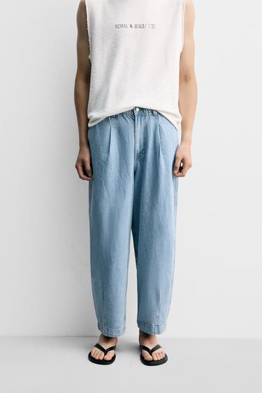 WIDE-LEG PLEATED DENIM CHINO TROUSERS - Light blue by Zara