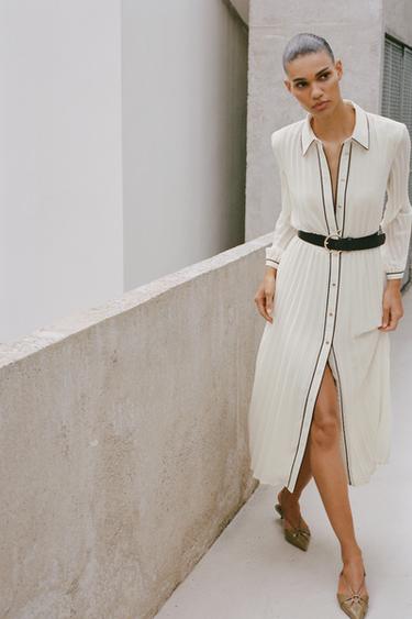 PLEATED DRESS WITH BELT - Ecru by Zara - Image 0