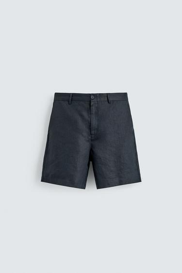 REGULAR FIT 100% LINEN BERMUDA SHORTS - Navy blue by Zara