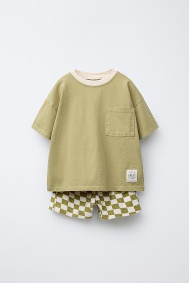 CHECKERBOARD JOGGING T-SHIRT AND BERMUDA SHORTS SET - ecru/khaki by Zara - Image 0