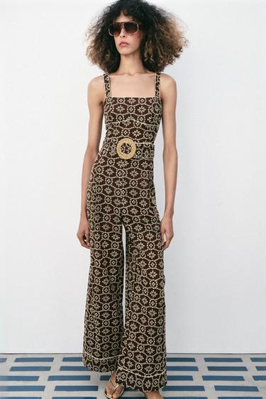 CUTWORK EMBROIDERY JUMPSUIT WITH BELT - Brown / Ecru by Zara